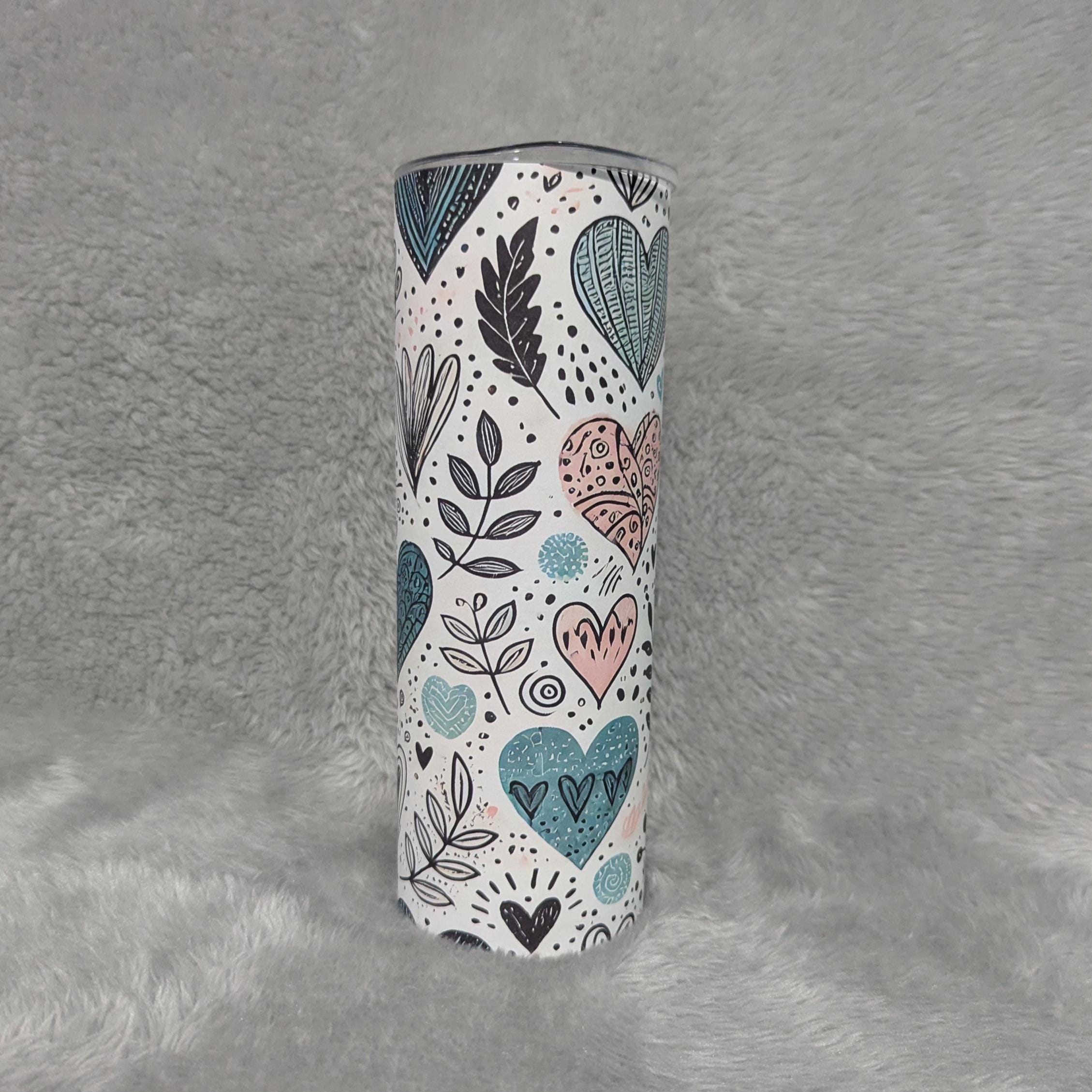 Hand Drawn Hearts Design Tumbler 20oz With Reusable Straw