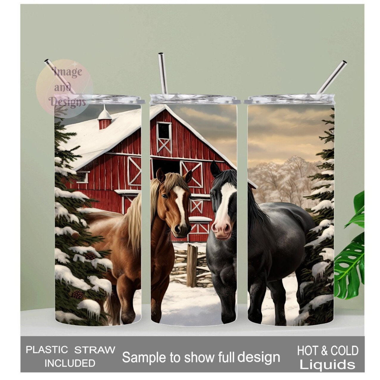 Horse Tumbler with Horses By the Barn and a Snow Scene Background 20oz With Reusable Straw, Can Be Personalized