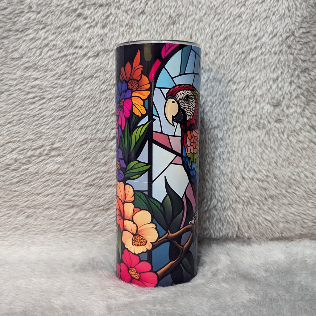 Colorful Parrot Tumbler With A Stained Glass Design 20oz With Reusable Straw, Can Be Personalized