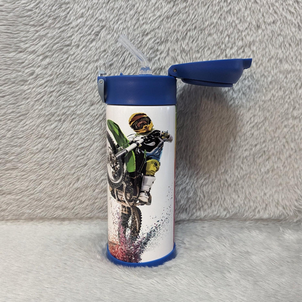 Kids Dirt Bike Water Bottle 12oz With Reusable Straw Can Be Personalized