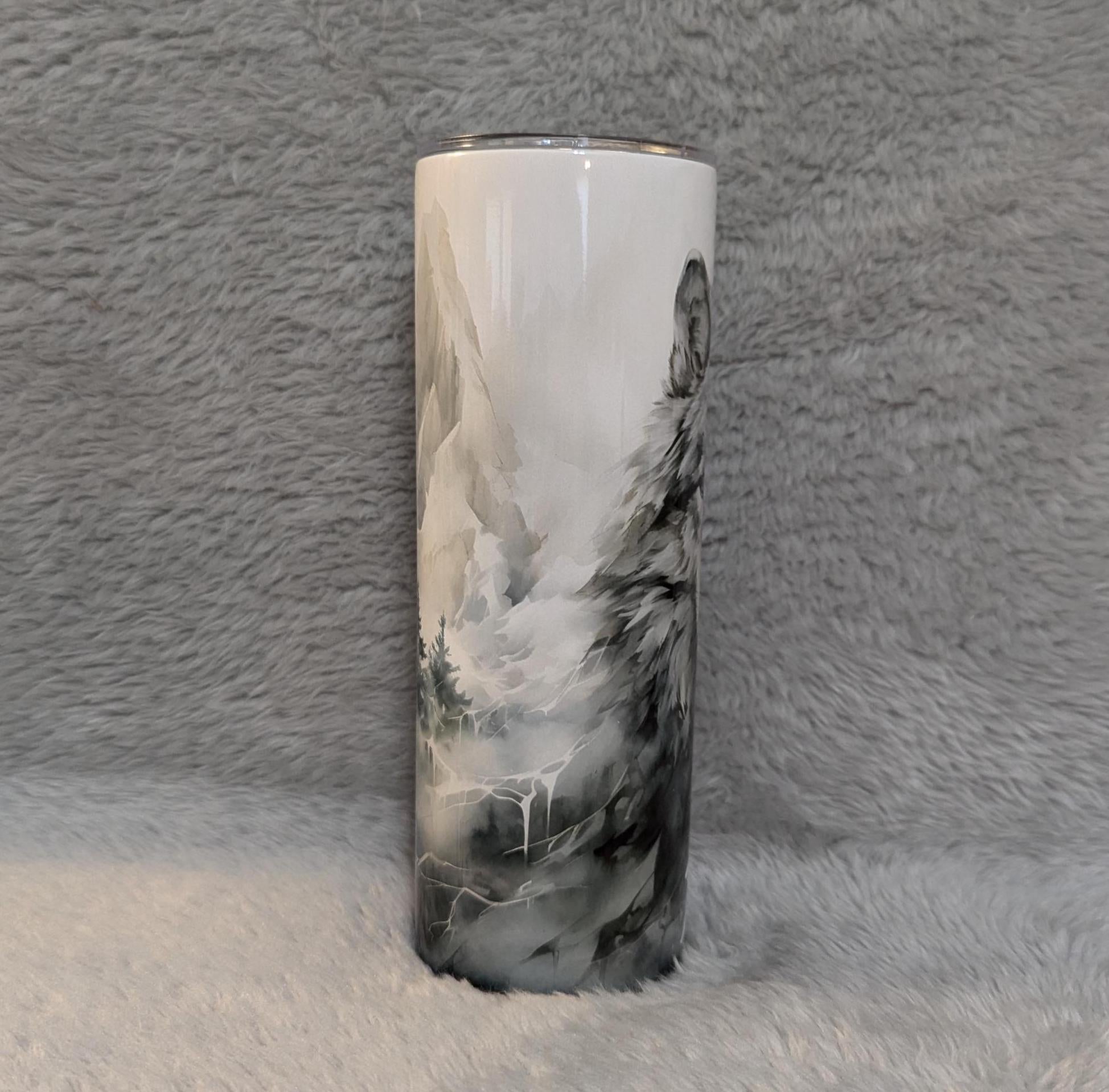 Elegant Gray Wolf Tumbler 20oz With Reusable Straw, Can Be Personalized