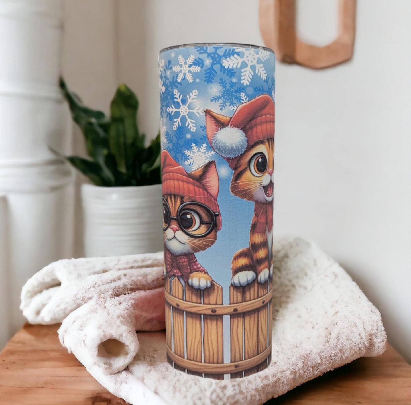 Christmas Kittens Tumbler 20oz With Reusable Straw, Can Be Personalized