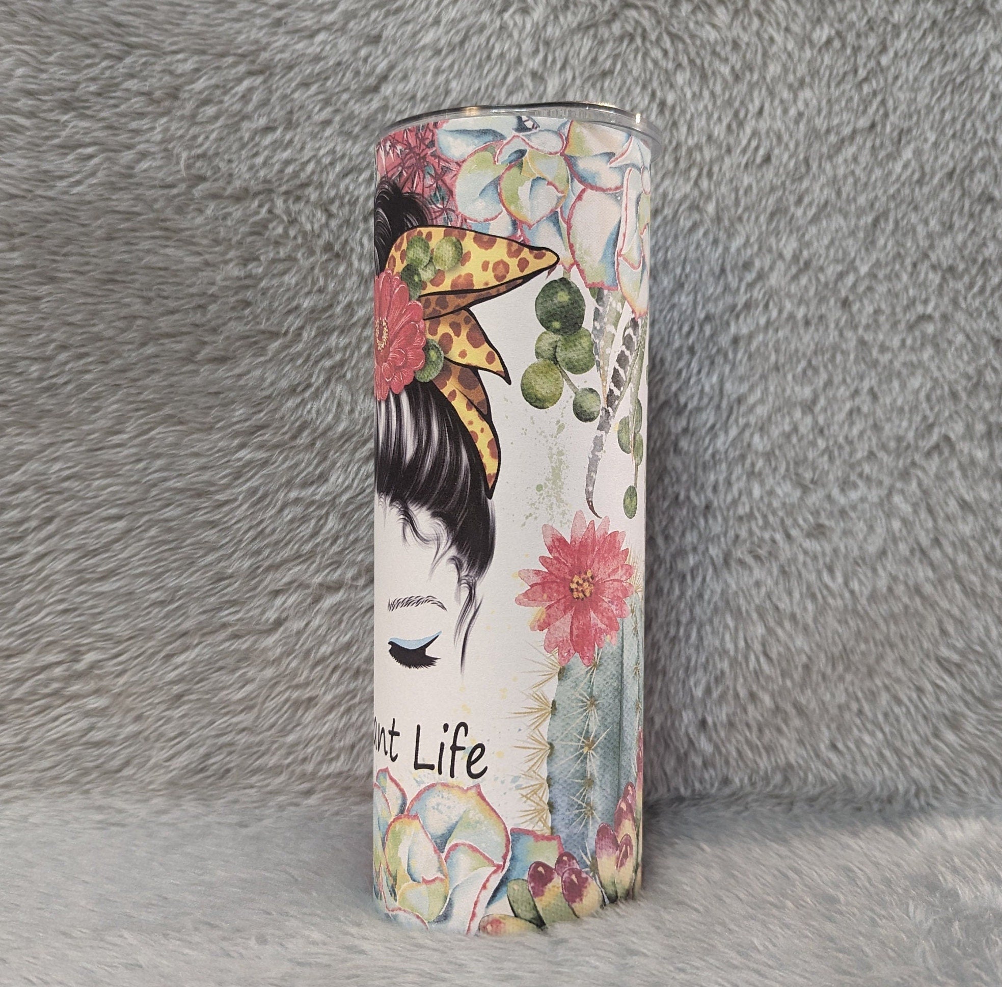 Plant Life Tumbler With Plants and A Mom Bun/Messy Bun Girl 20oz With Reusable Straw, Can Be Personalized