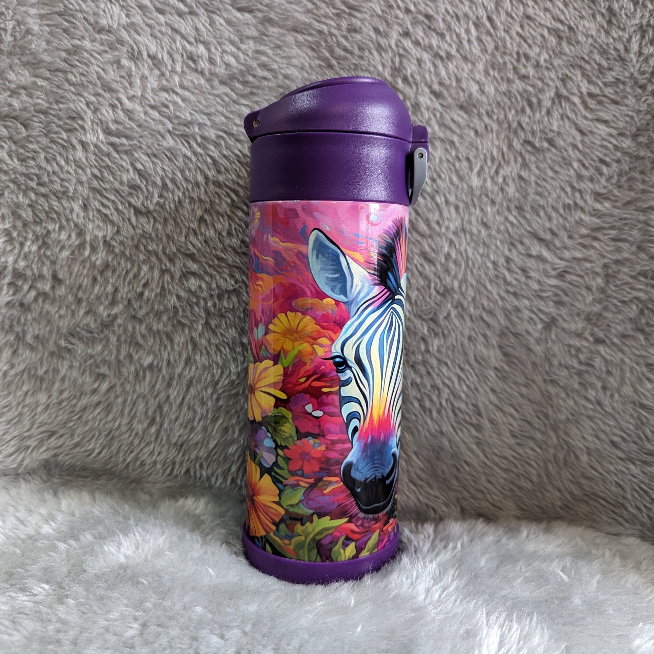 Kids Zebra Water Bottle 12oz With Reusable Straw Can Be Personalized
