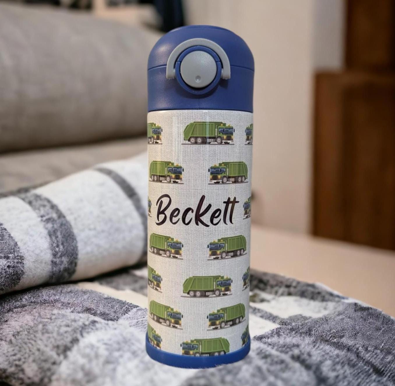 Kids Garbage Truck Water Bottle 12oz With Reusable Straw, Can Be Personalized