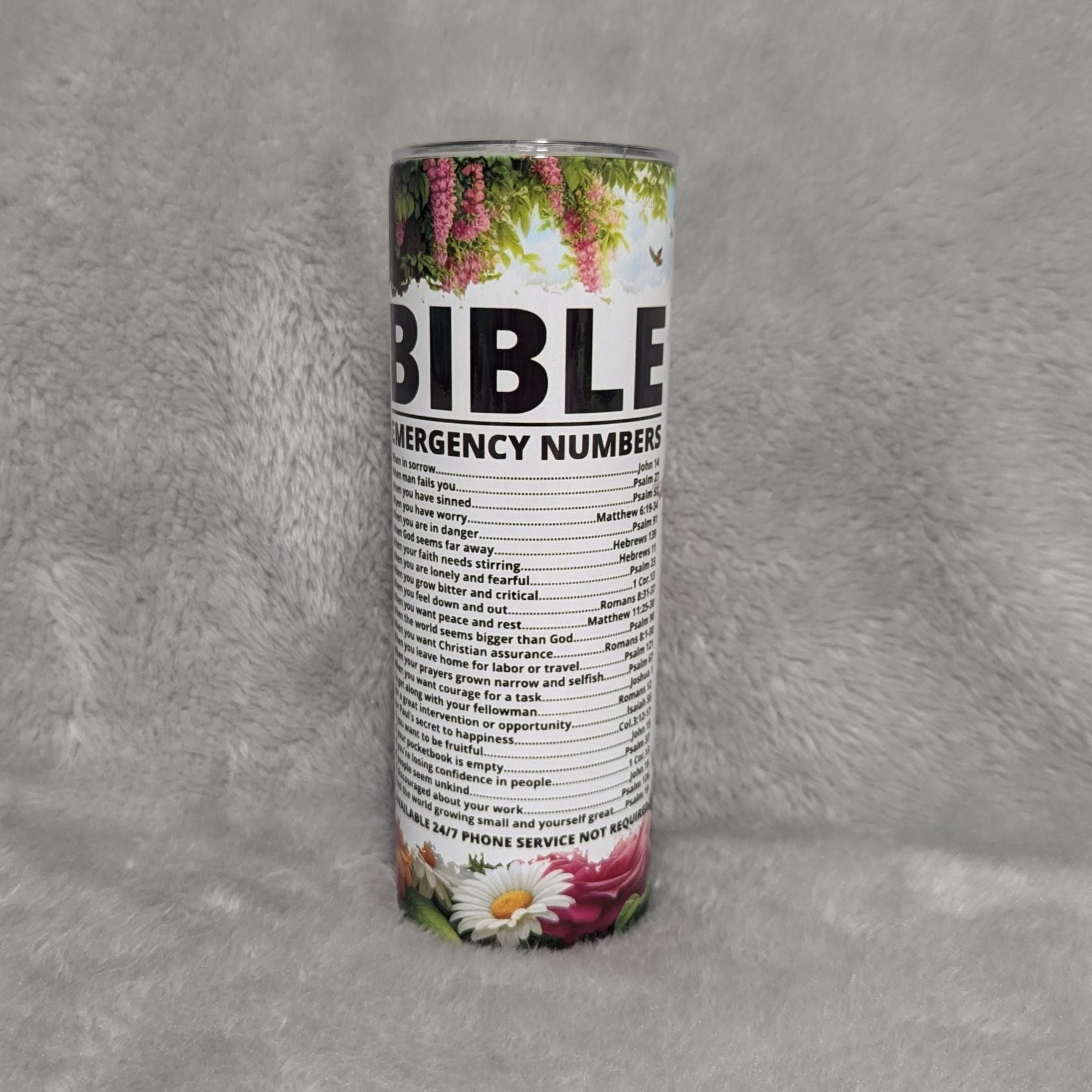 Bible Emergency Numbers Chapters Tumbler 20oz With Reusable Straw
