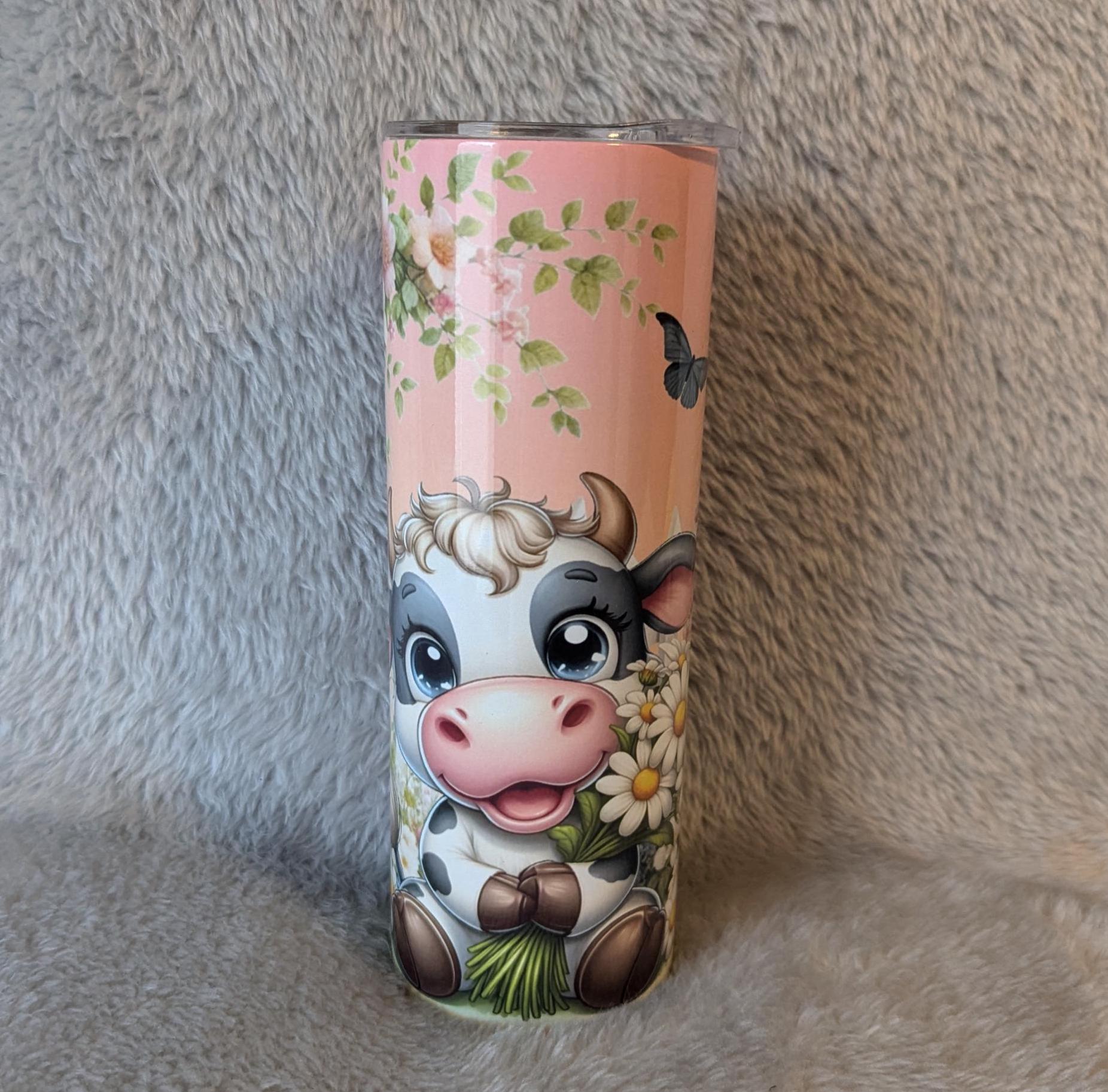 Cow with Daisies Tumbler 20oz With Reusable Straw, Can Be Personalized