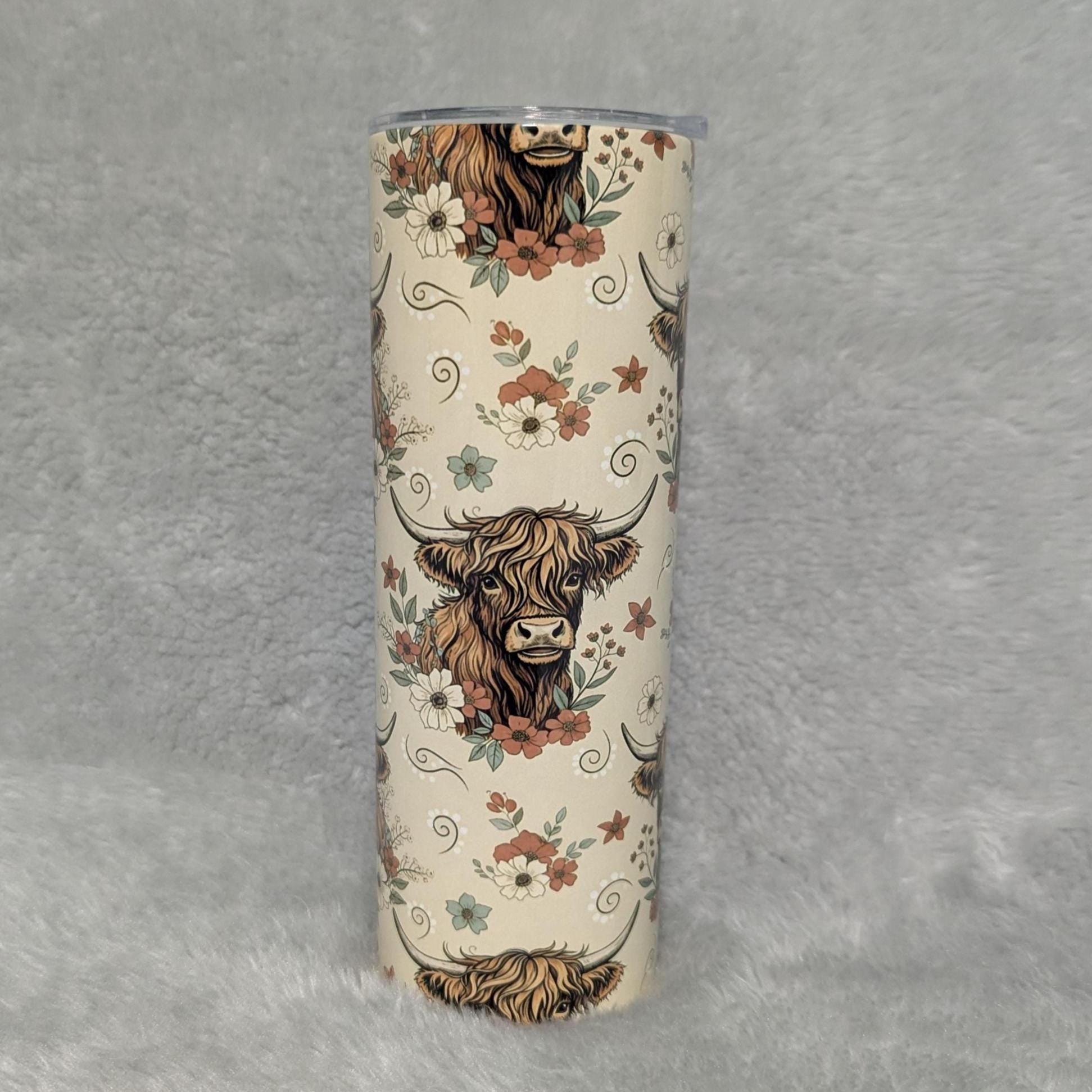 Boho Highland Cow Tumbler 20oz With Reusable Straw, Can Be Personalized
