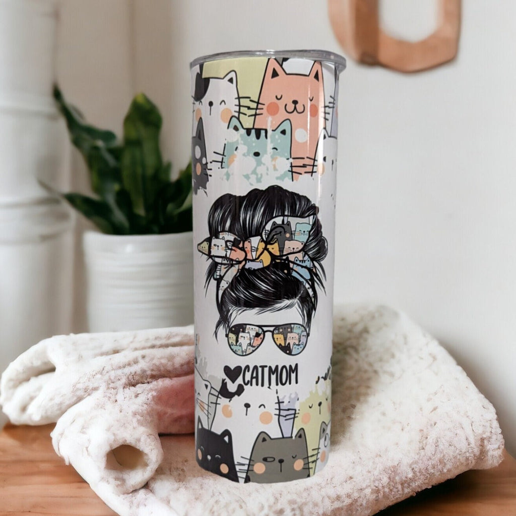 Cat Mom Tumbler 20oz With Reusable Straw, Can Be Personalized