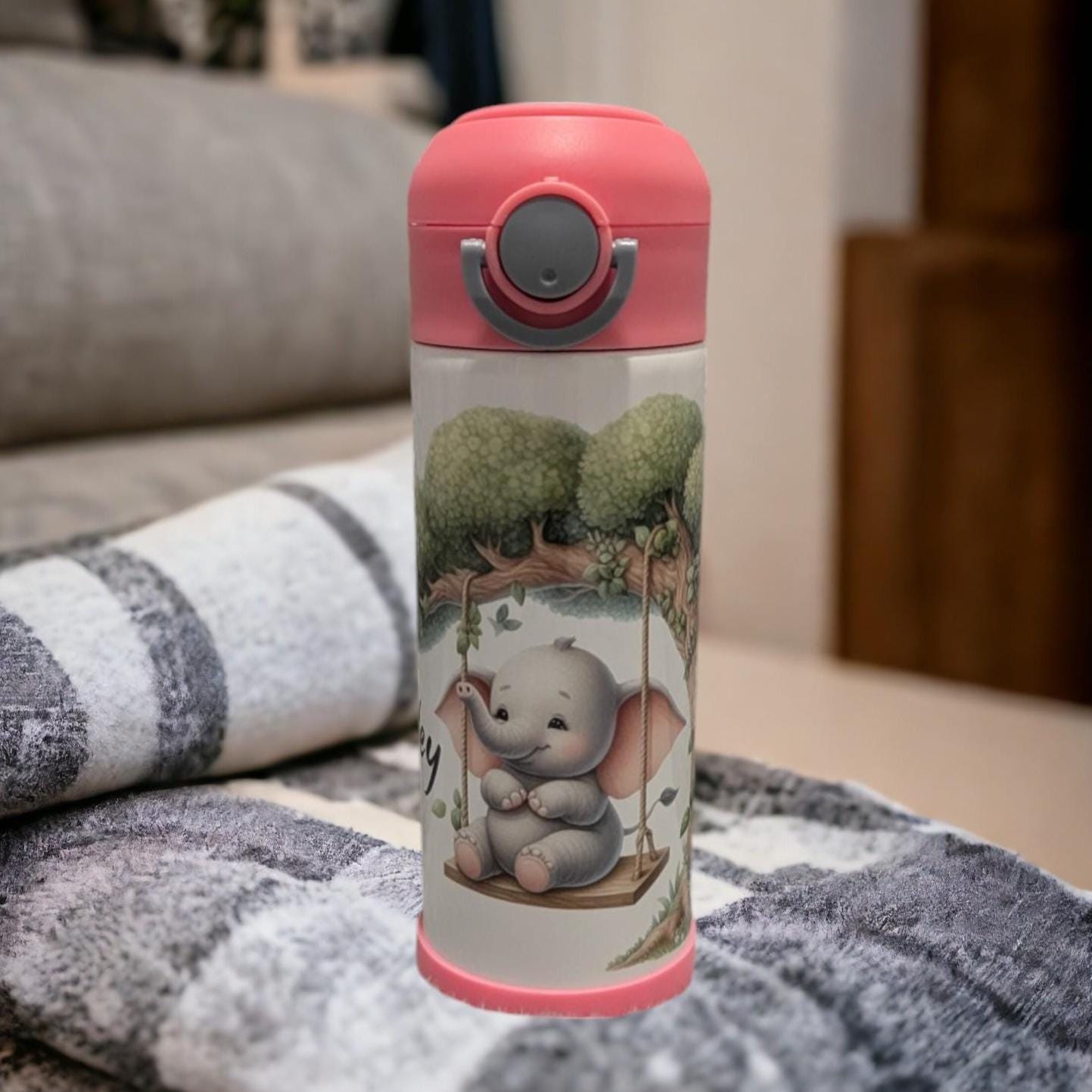 Kids Elephant Water Bottle 12oz With Reusable Straw Can Be Personalized