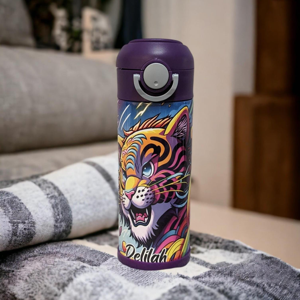 Kids Colorful Tiger Water Bottle 12oz With Reusable Straw Can Be Personalized