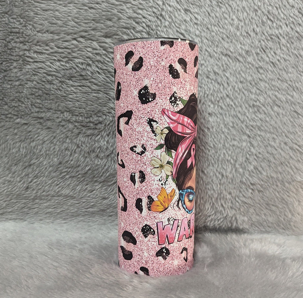 Cancer Awareness Warrior Mom Bun Tumbler 20oz With Reusable Straw, Can Be Personalized