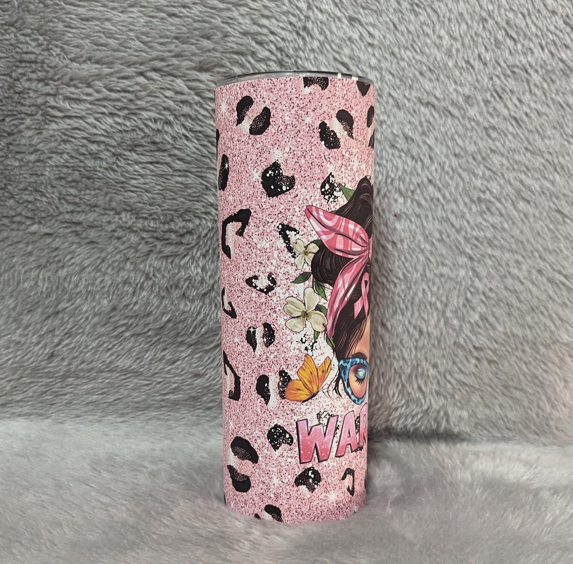 Cancer Awareness Warrior Mom Bun Tumbler 20oz With Reusable Straw, Can Be Personalized