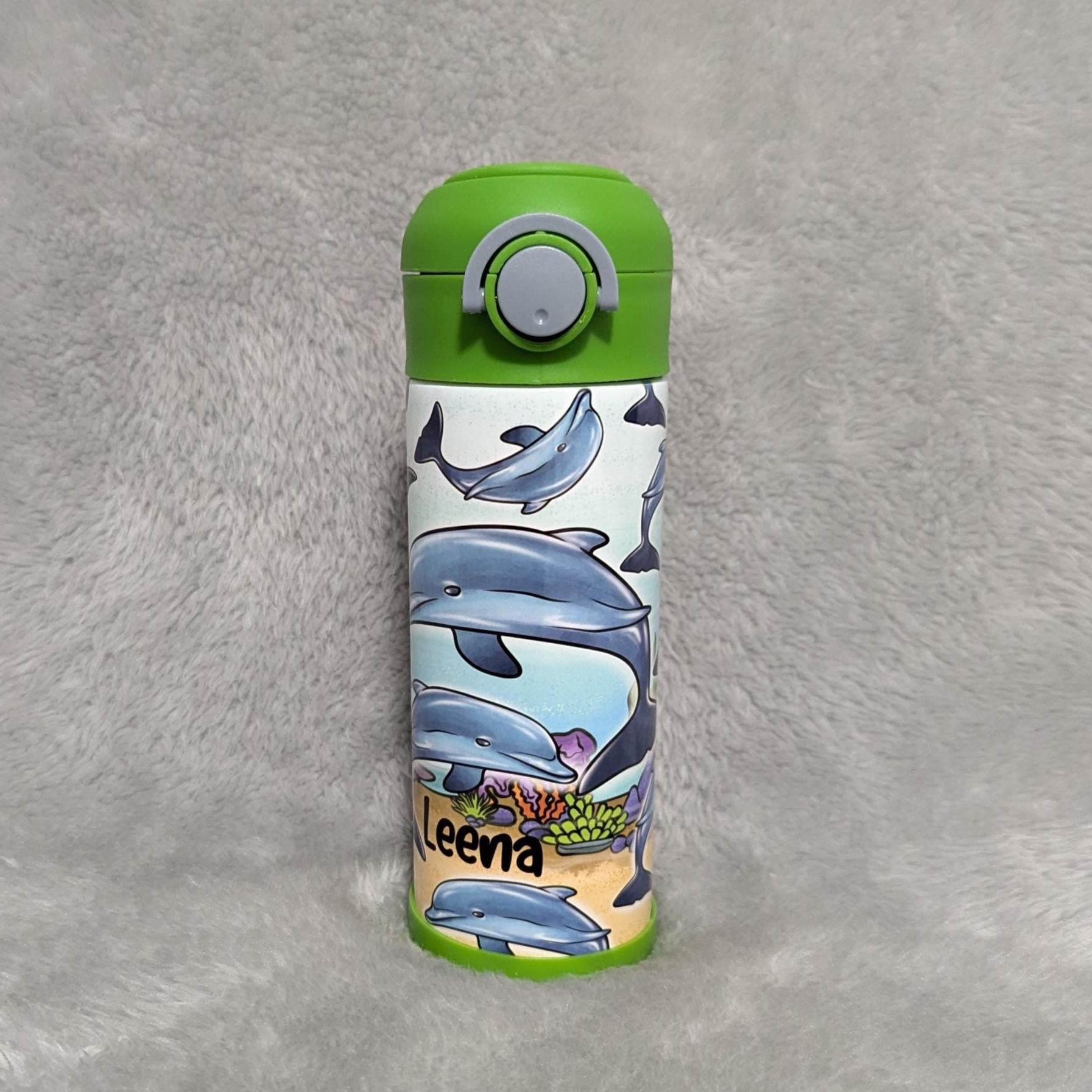 Kids Dolphin Water Bottle 12oz With Reusable Straw Can Be Personalized