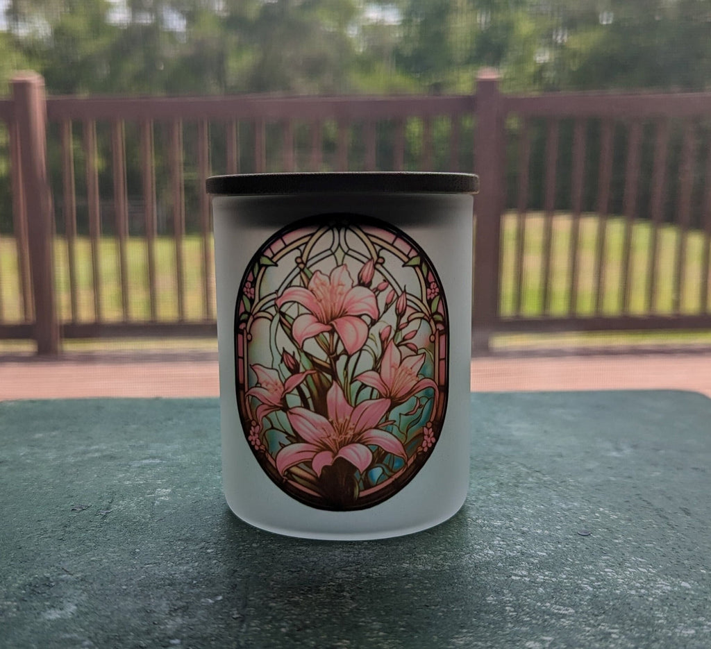 Stained Glass Design Pink Lily Flowers Candle Holder With A Battery Operated Flickering Tea Light