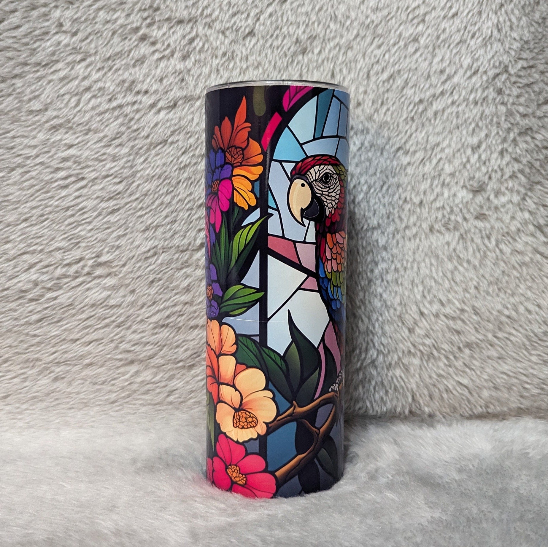 Colorful Parrot Tumbler With A Stained Glass Design 20oz With Reusable Straw, Can Be Personalized