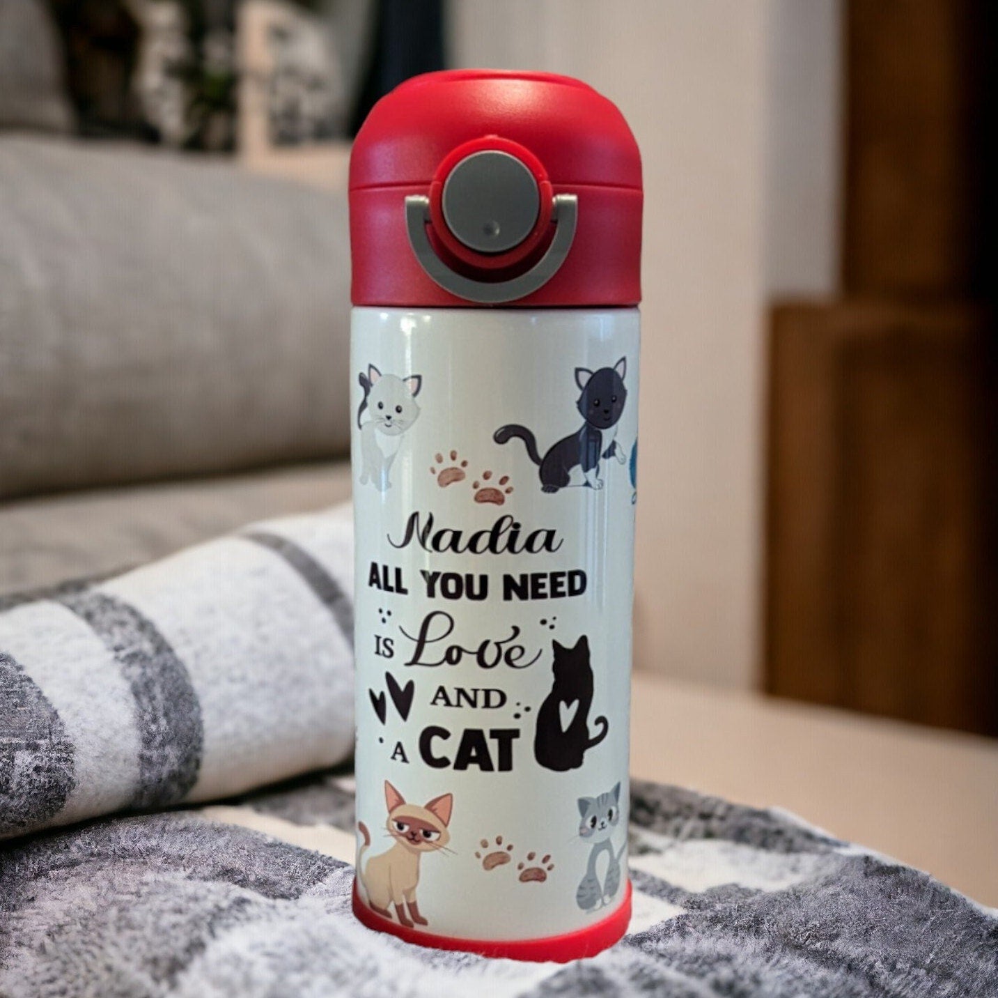 Kids Kitten Water Bottle 12oz With Reusable Straw, Can Be Personalized
