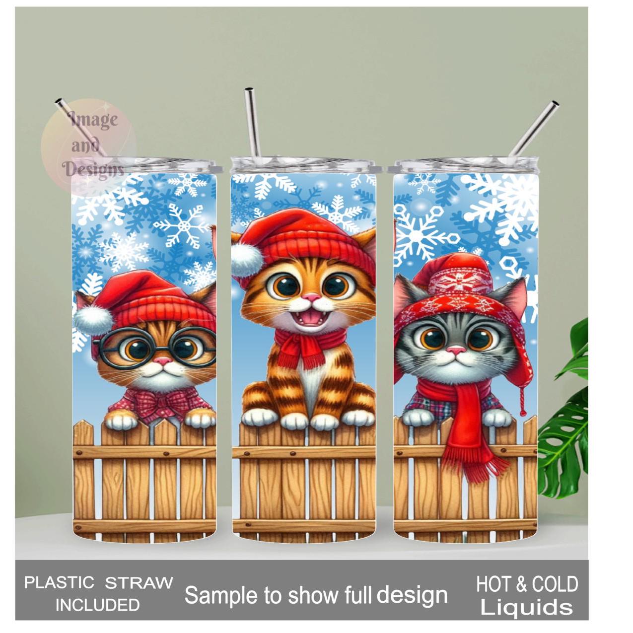 Christmas Kittens Tumbler 20oz With Reusable Straw, Can Be Personalized