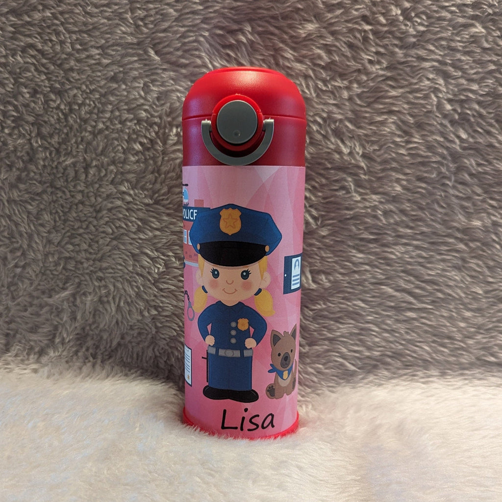 Kids Girl Cop Water Bottle 12oz With Reusable Straw, Can Be Personalized