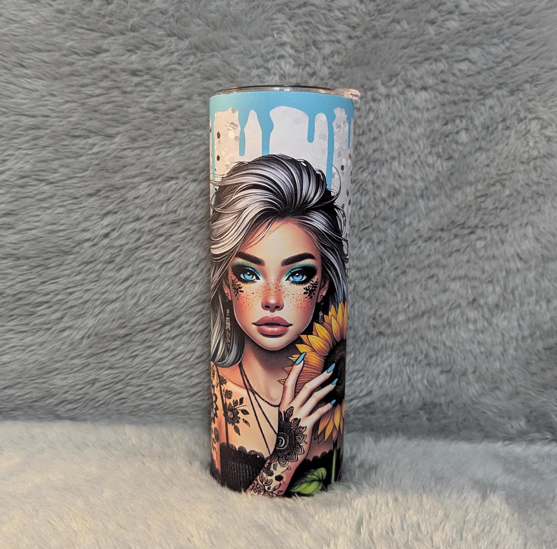 Pretty Sunflower Girl 20oz Tumbler 20oz With Reusable Straw, Can Be Personalized