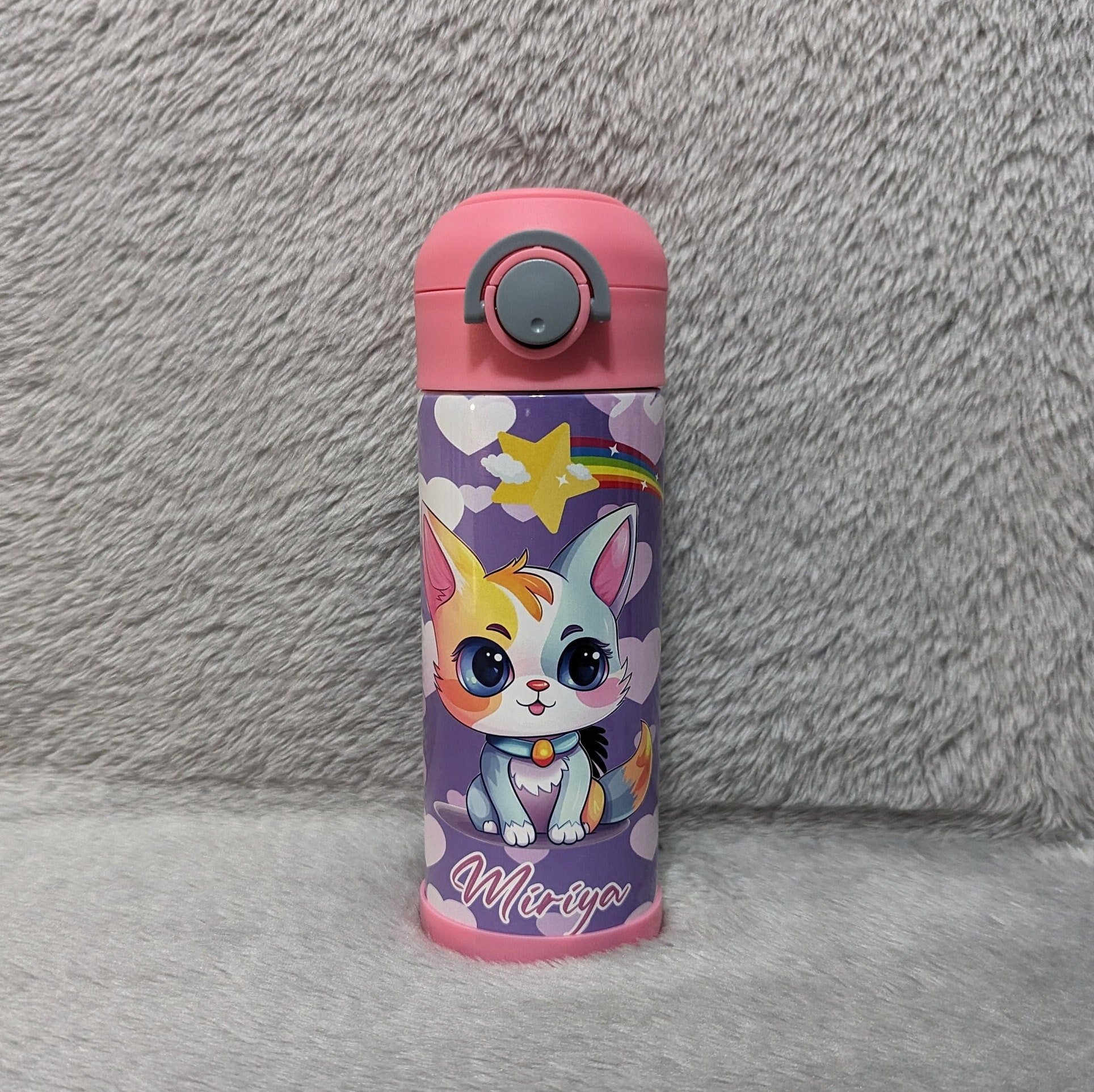Kids Cat Water Bottle 12oz With Reusable Straw Can Be Personalized