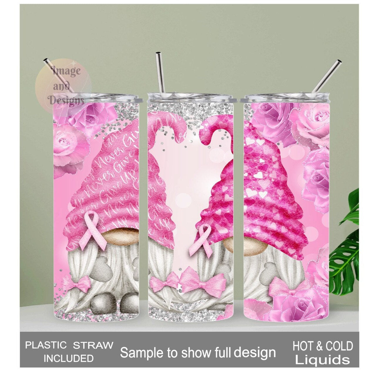 Cancer Awareness Gnome Tumbler 20oz With Reusable Straw, Can Be Personalized