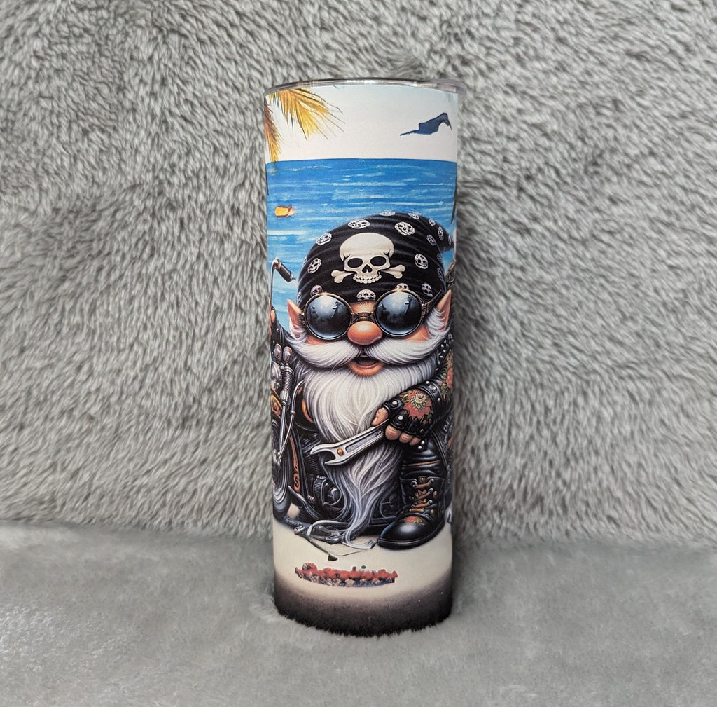Beach Biker Gnome Motorcycle Tumbler 20oz With Reusable Straw, Can Be Personalized