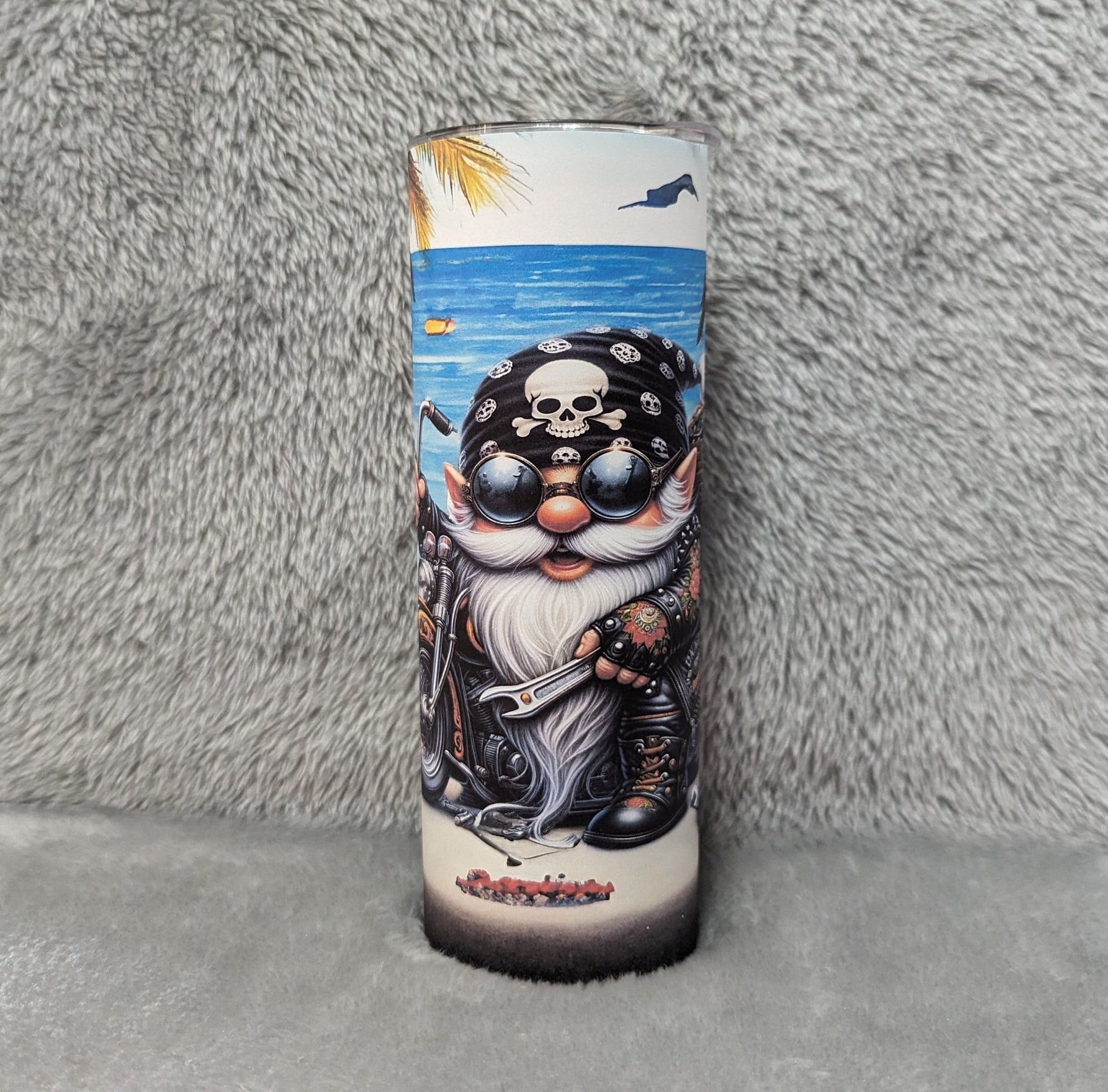 Beach Biker Gnome Motorcycle Tumbler 20oz With Reusable Straw, Can Be Personalized