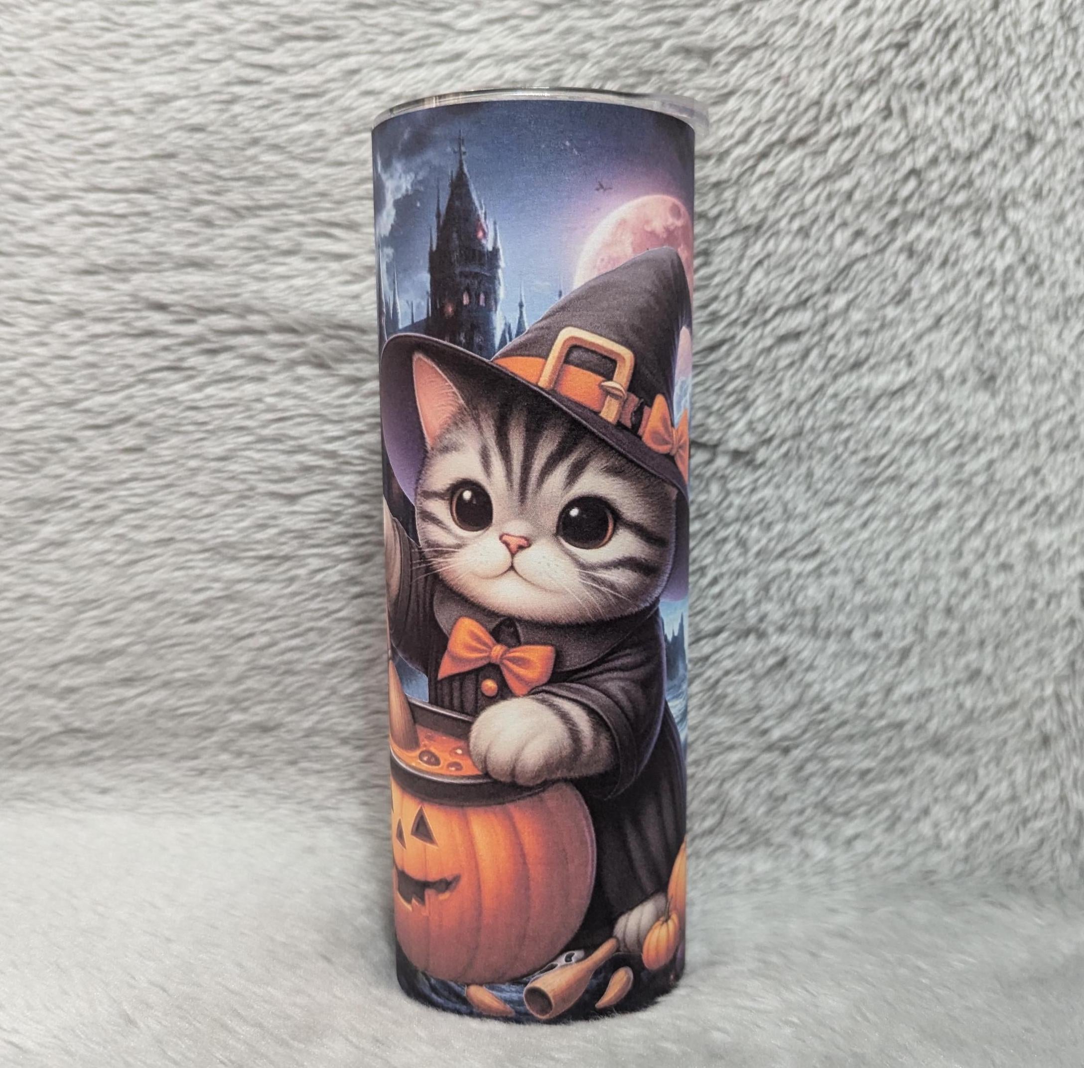 Cute Halloween Cat Tumbler 20oz With Reusable Straw, Can Be Personalized