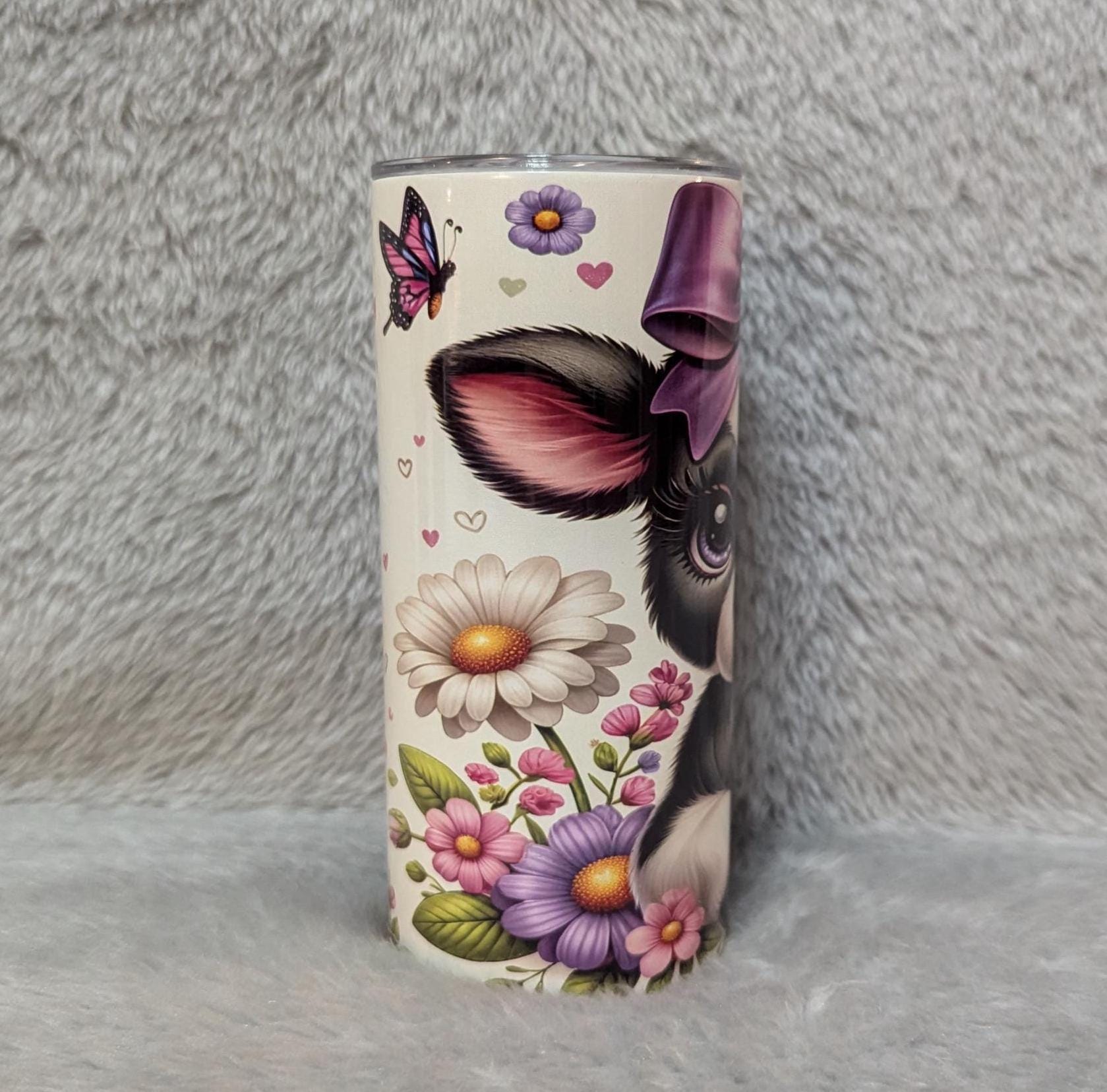 Kids Cow Tumbler with a Calf With Her Purple Bow and Flowers 15oz With Reusable Straw, Can Be Personalized