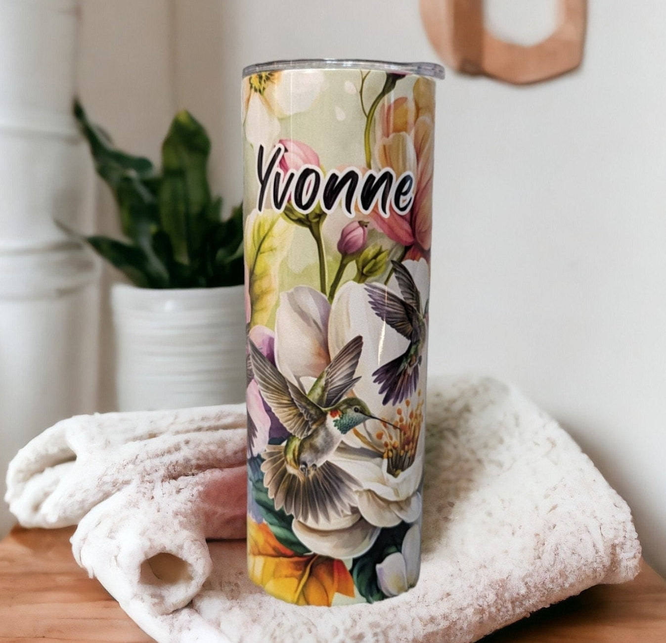 Floral Hummingbird Tumbler 20oz With Reusable Straw, Can Be Personalized