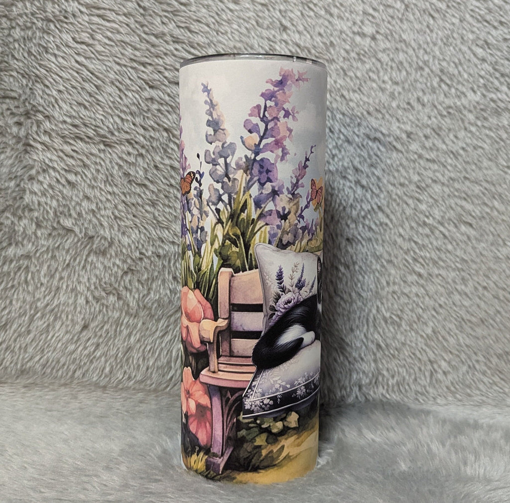 Cat Tumbler With A Cute Kitten Resting on A Bench 20oz With Reusable Straw, Can Be Personalized