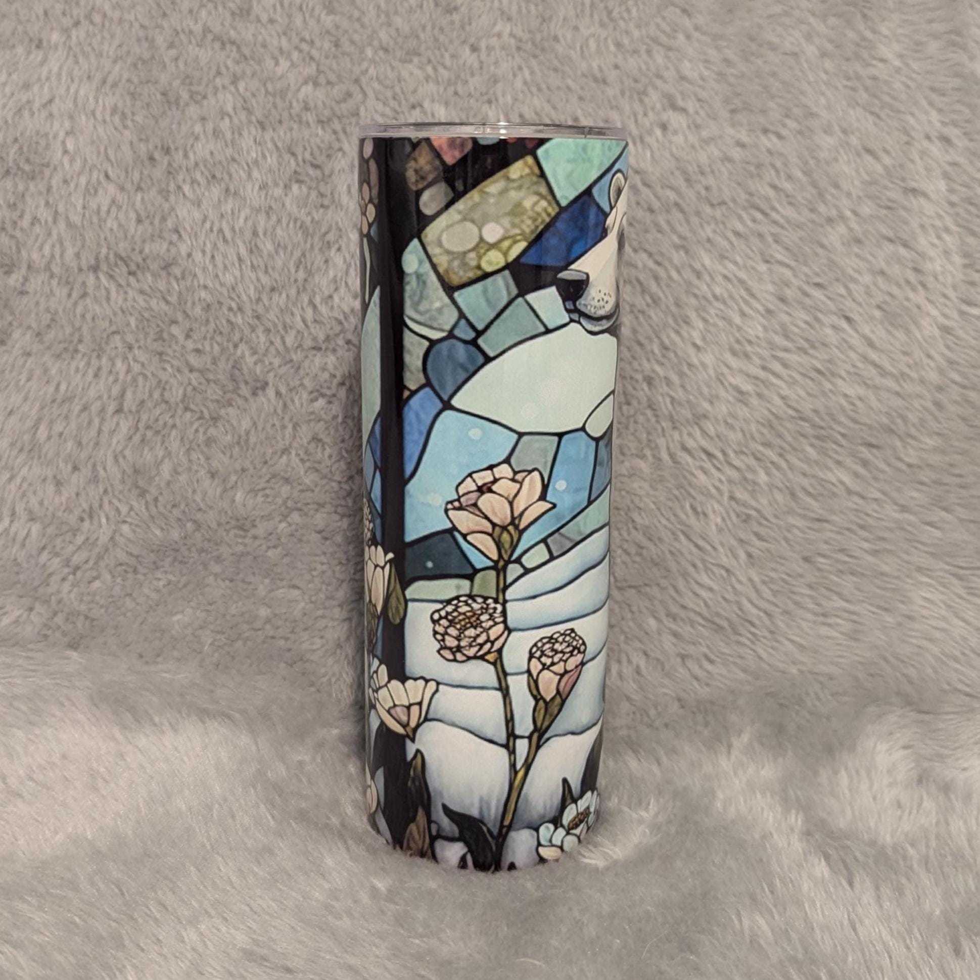 Polar Bear Tumbler with Stained Glass Design 20oz With Reusable Straw, Can Be Personalized