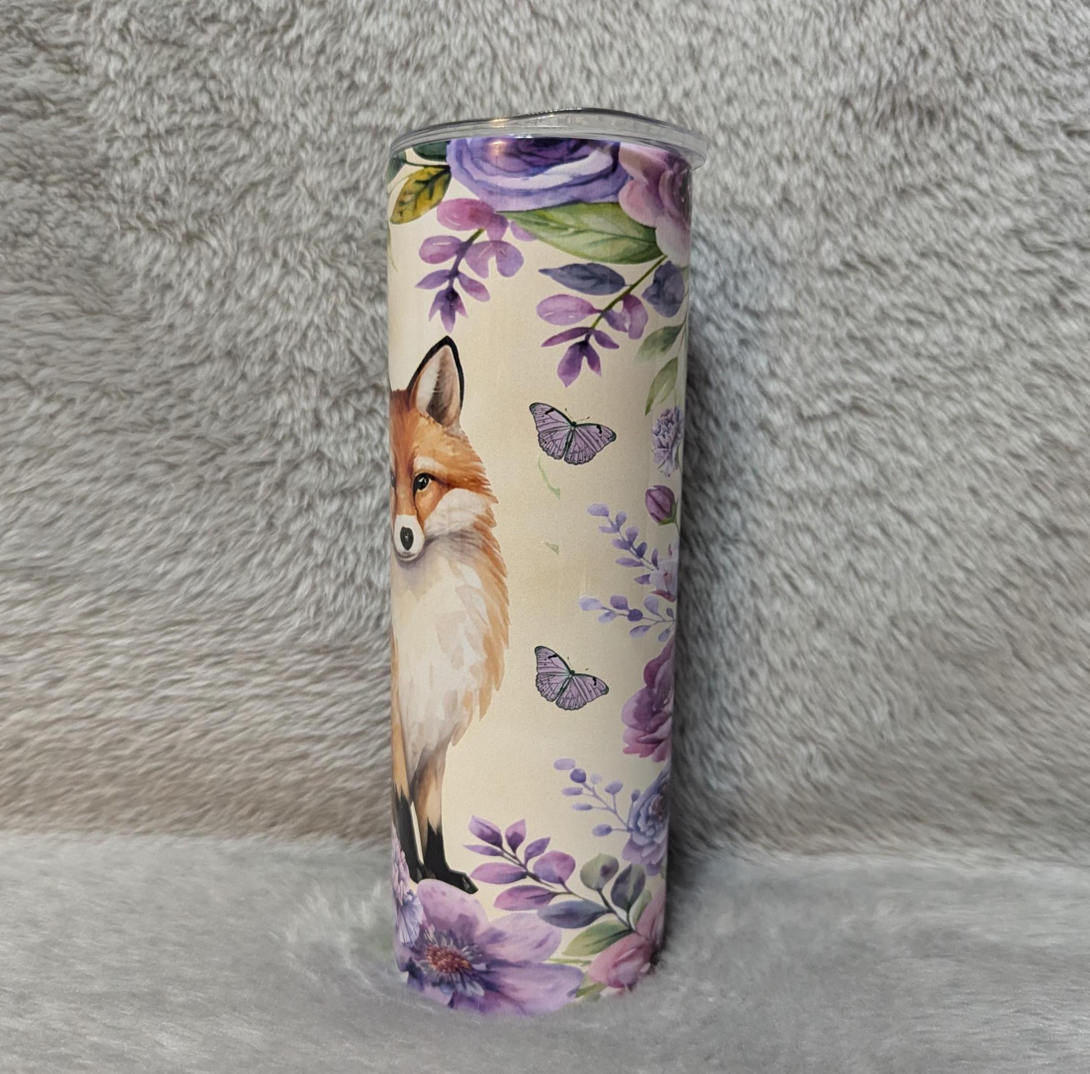 Floral Fox Tumbler 20oz With Reusable Straw, Can Be Personalized