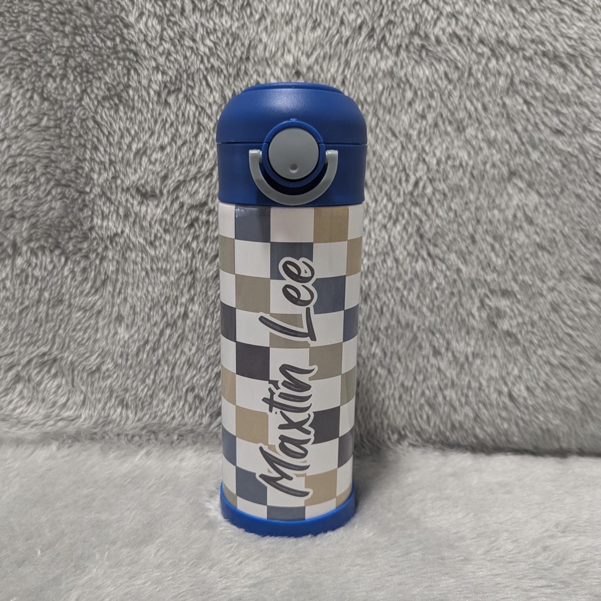 Kids Checkered Water Bottle 12oz With Reusable Straw Can Be Personalized