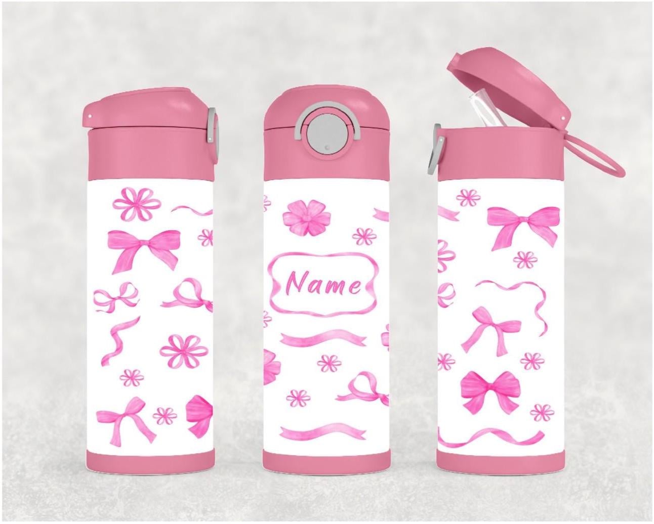 Kids Bow and Flowers Water Bottle 12oz With Reusable Straw Can Be Personalized