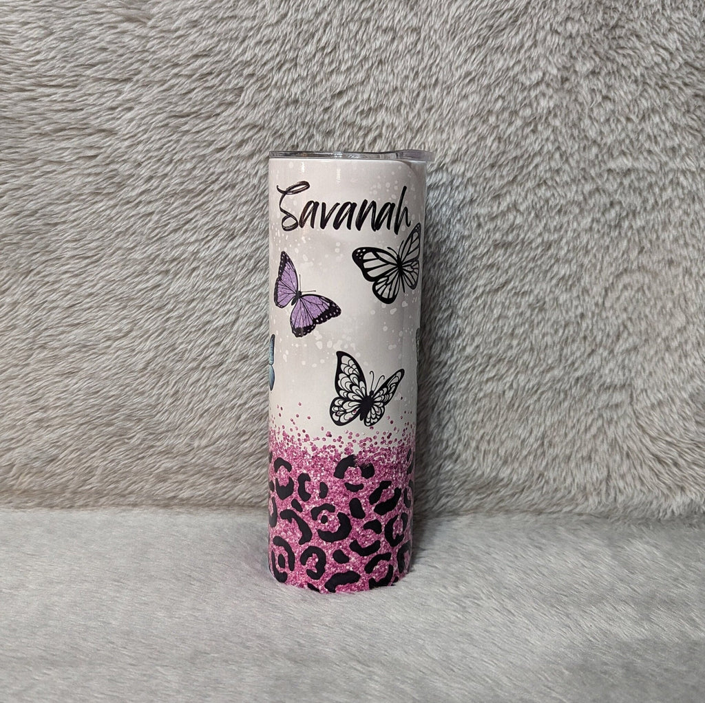 Butterfly Tumbler With A Glitter Design 20oz With Reusable Straw, Can Be Personalized