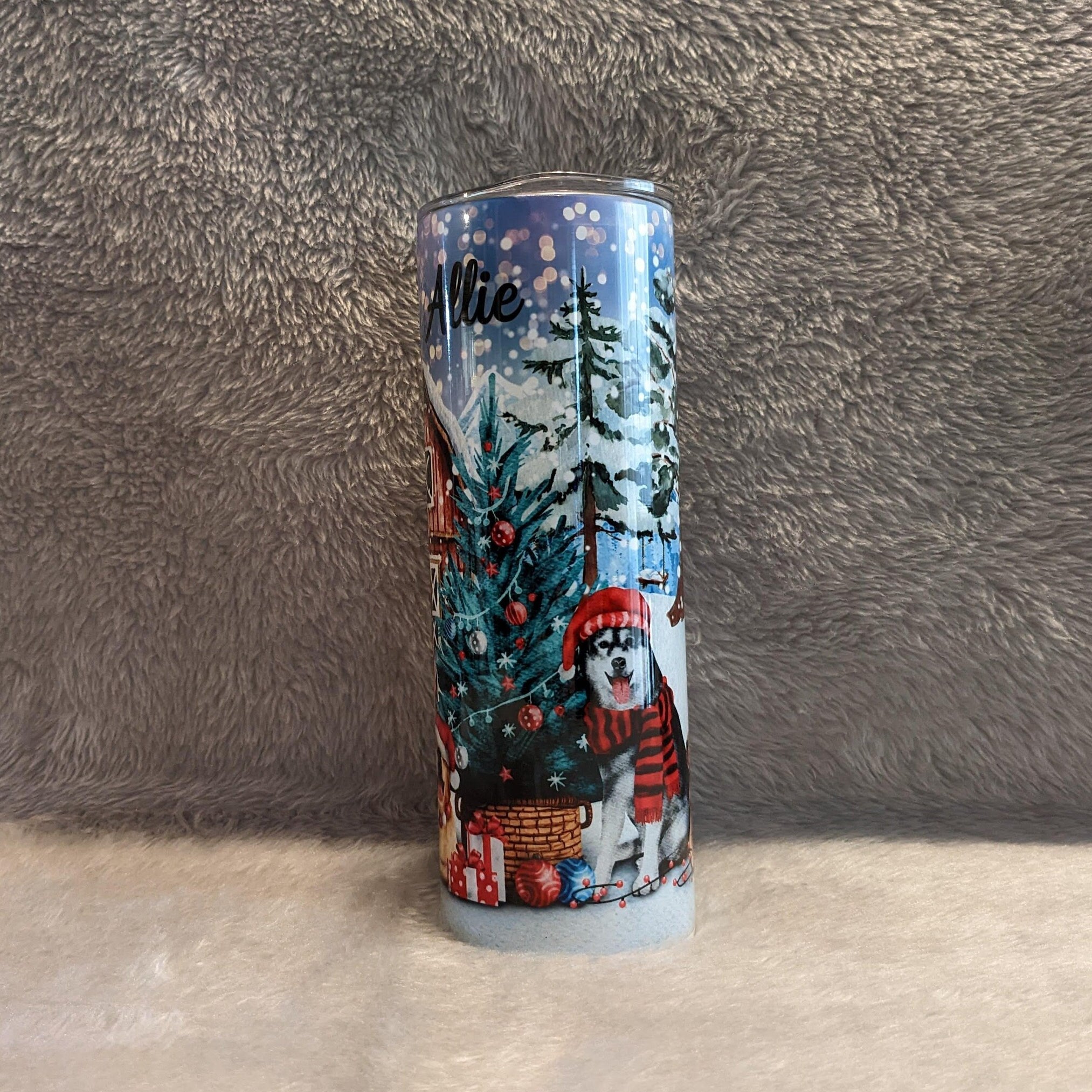 Beautiful Winter Scene Dog Tumbler 20oz With Reusable Straw, Can Be Personalized