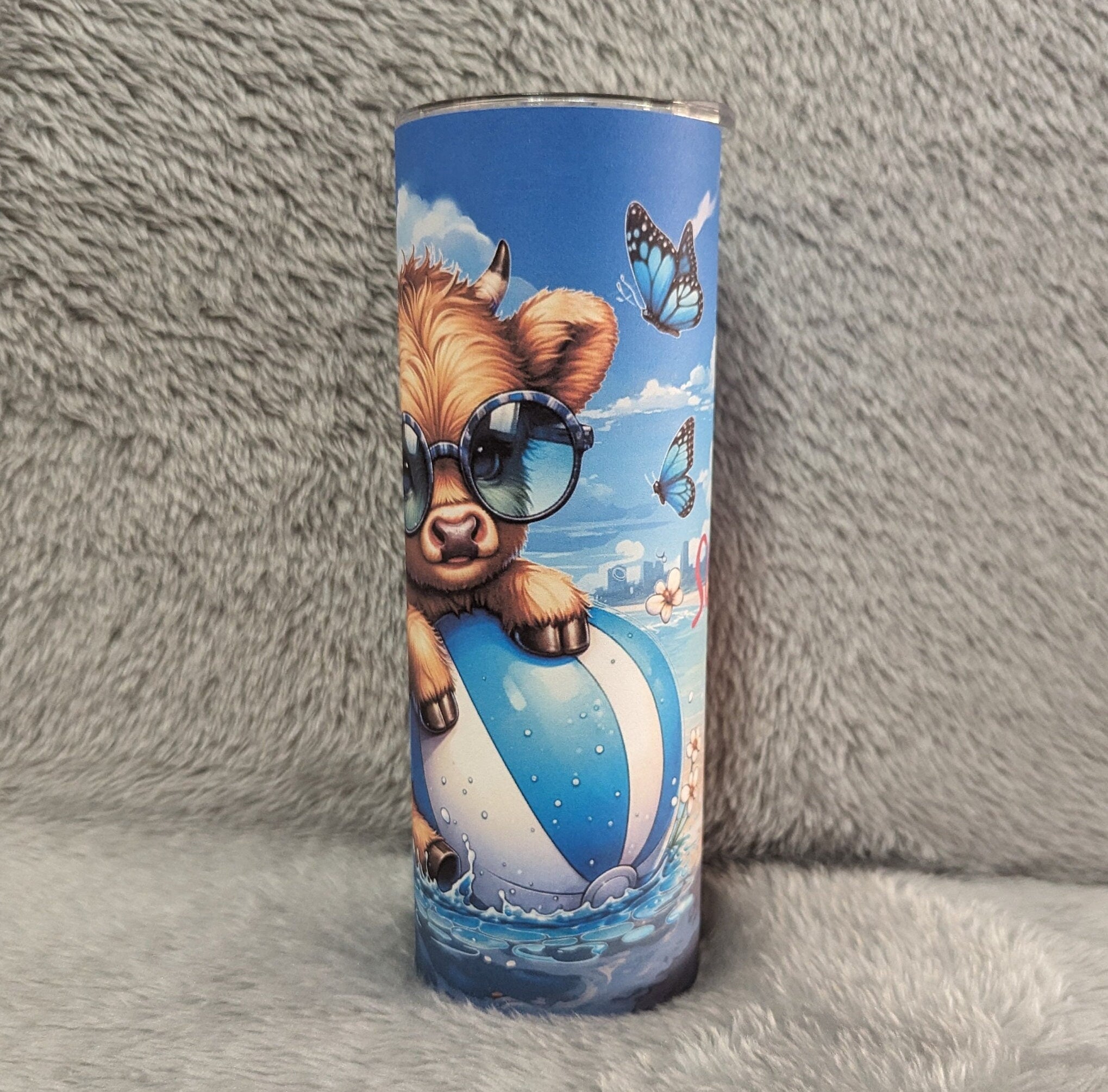 Summer Beach Highland Cow Tumbler 20oz With Reusable Straw, Can Be Personalized