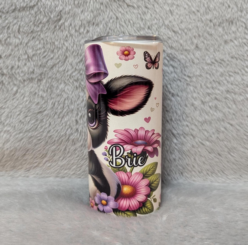 Kids Cow Tumbler with a Calf With Her Purple Bow and Flowers 15oz With Reusable Straw, Can Be Personalized