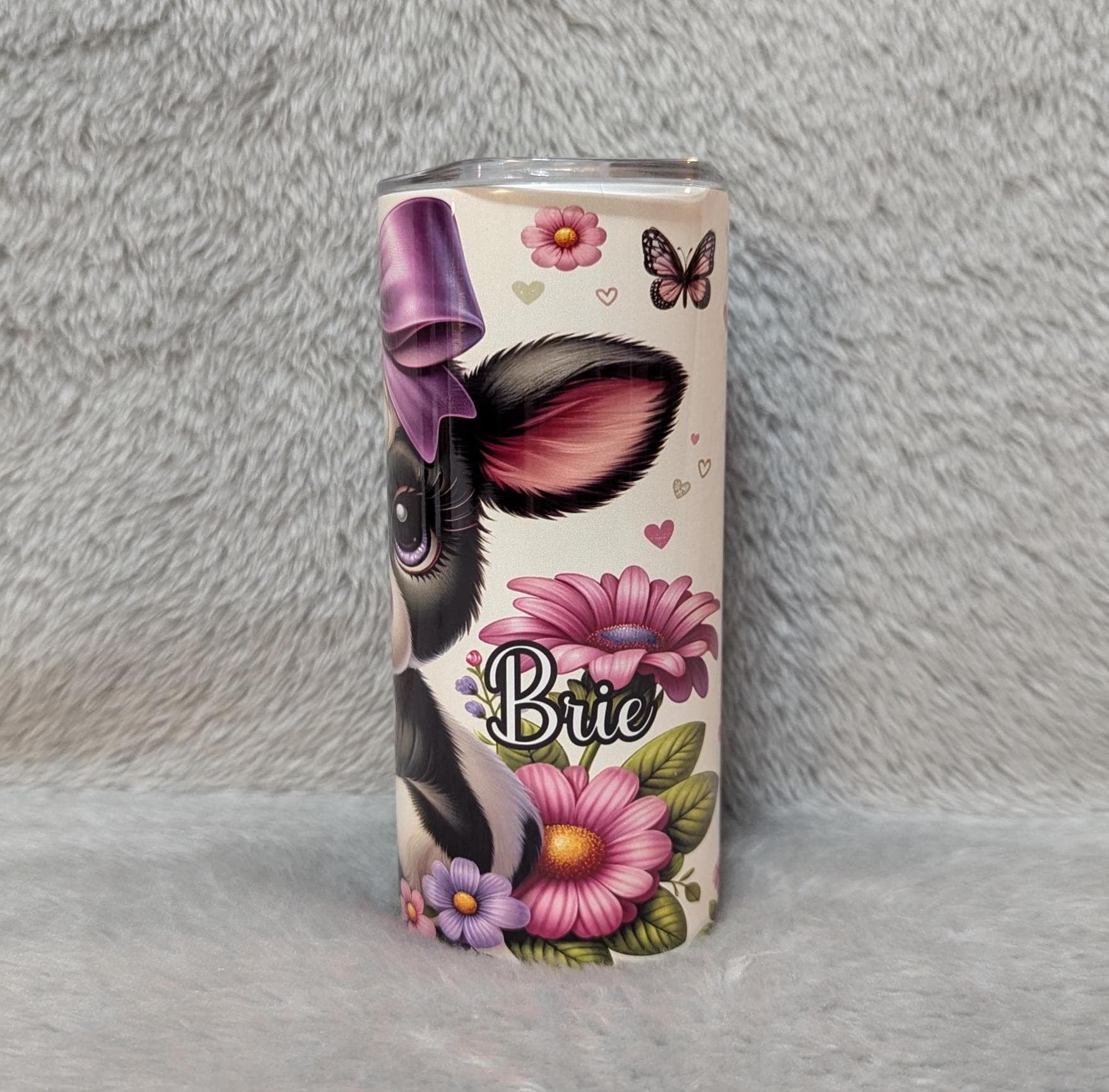 Kids Cow Tumbler with a Calf With Her Purple Bow and Flowers 15oz With Reusable Straw, Can Be Personalized