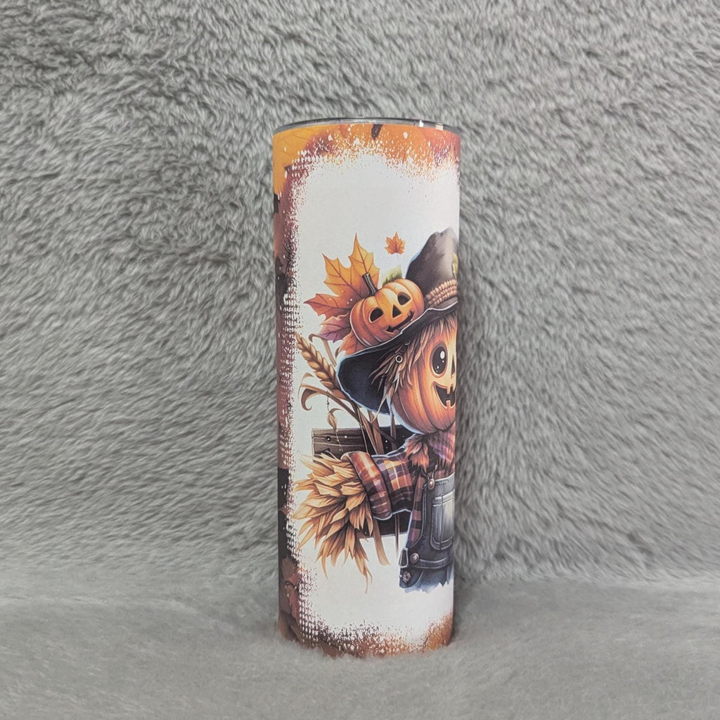 Scarecrow Tumbler With A Hello Fall Sign 20oz With Reusable Straw, Can Be Personalized