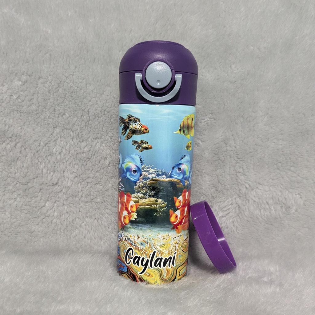 Kids Fish Aquarium Design Water Bottle 12oz With Reusable Straw Can Be Personalized