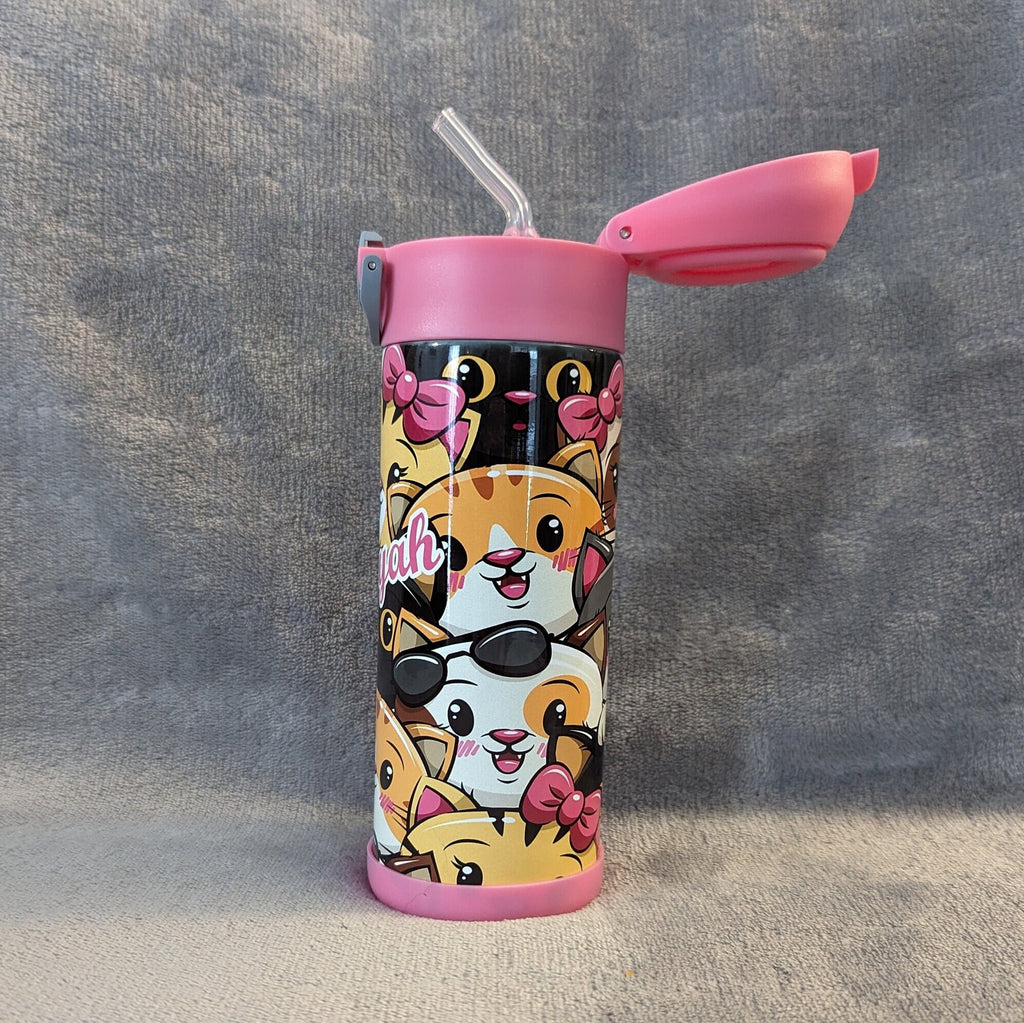 Kids Cat Water Bottle 12oz With Reusable Straw Can Be Personalized