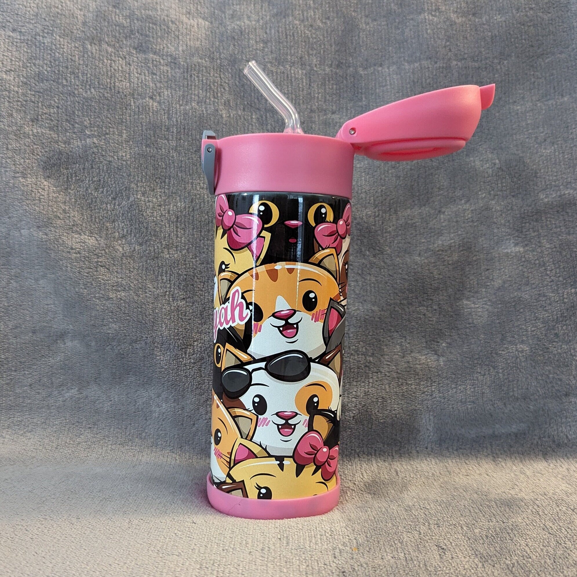 Kids Cat Water Bottle 12oz With Reusable Straw Can Be Personalized