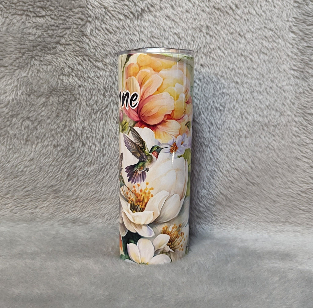Floral Hummingbird Tumbler 20oz With Reusable Straw, Can Be Personalized