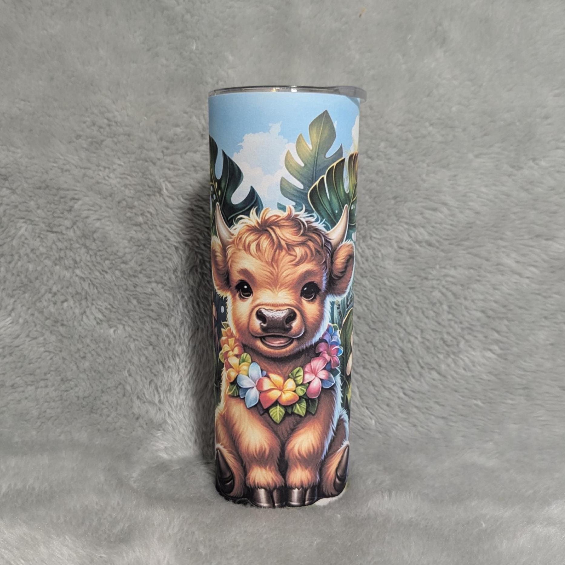 Tropical Highland Cow Tumbler 20oz With Reusable Straw, Can Be Personalized