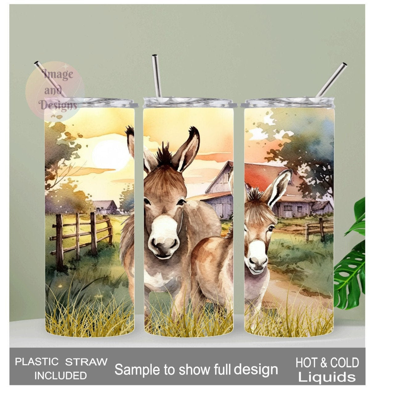 Donkey Tumbler with A Watercolor Design 20oz With Reusable Straw, Can Be Personalized