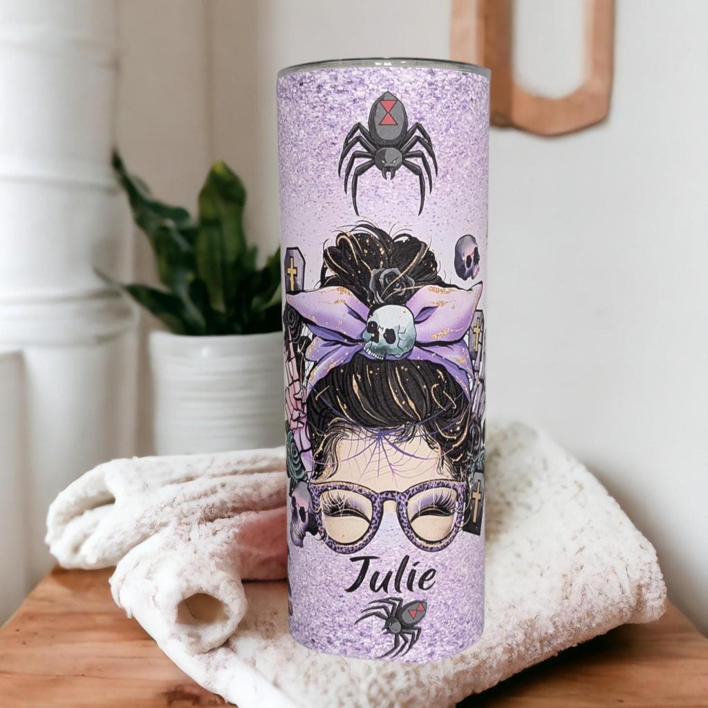 Halloween Messy Bun Girl Tumbler 20oz With Reusable Straw, Can Be Personalized