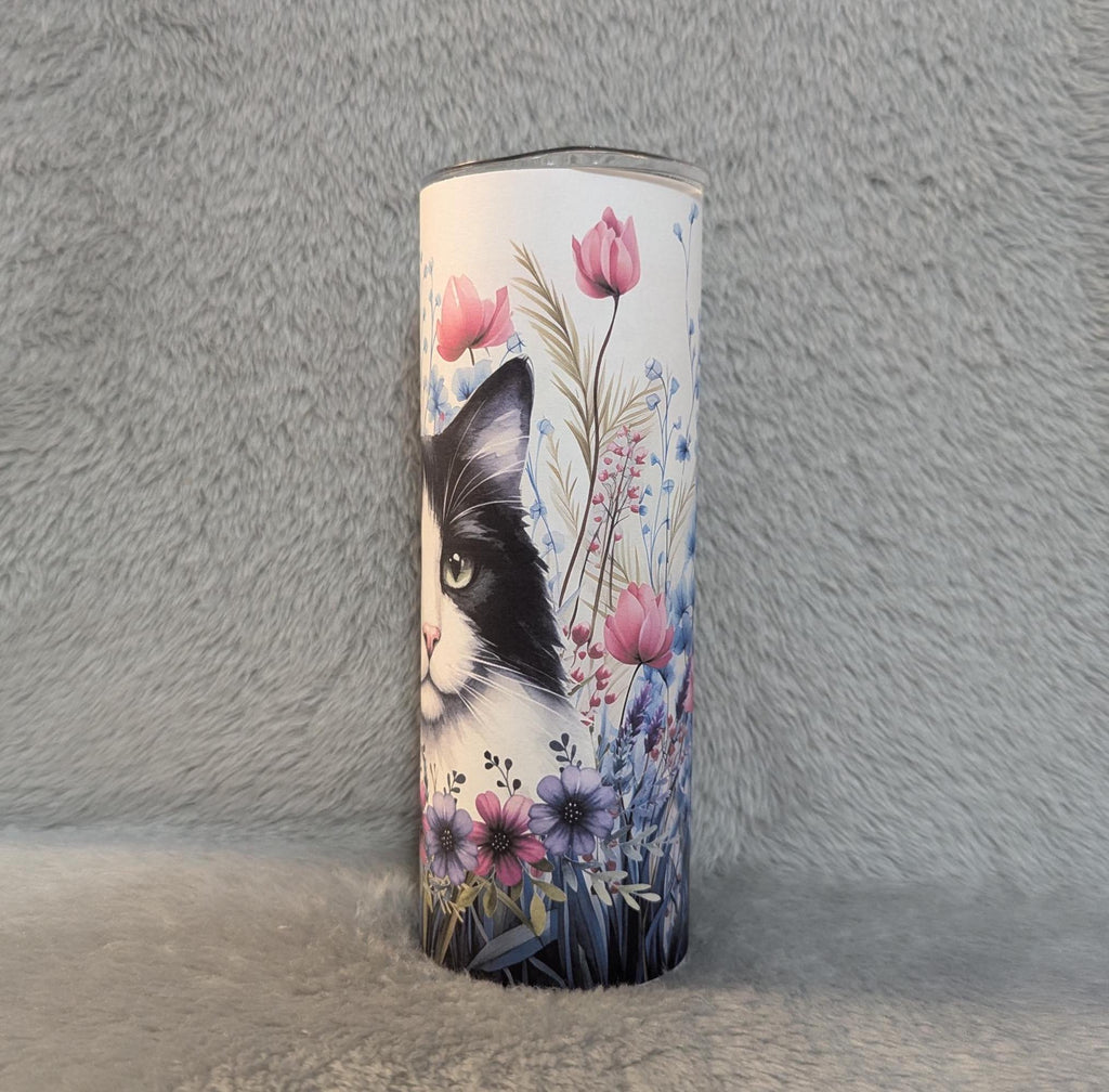 Floral Cat Tumbler 20oz With Reusable Straw, Can Be Personalized